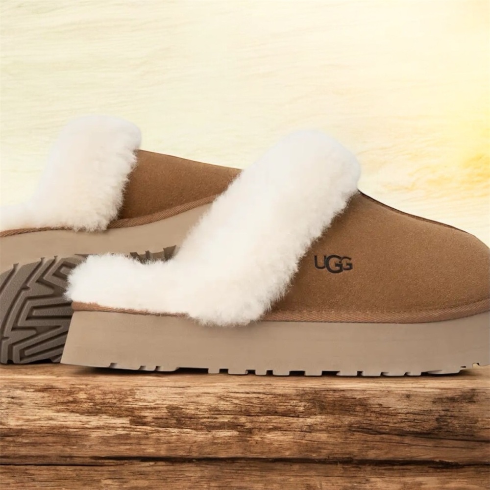 UGG Platform Scuff Slippers Chestnut Suede Shearling Lined Size 8 women’s NIB - Picture 3 of 6
